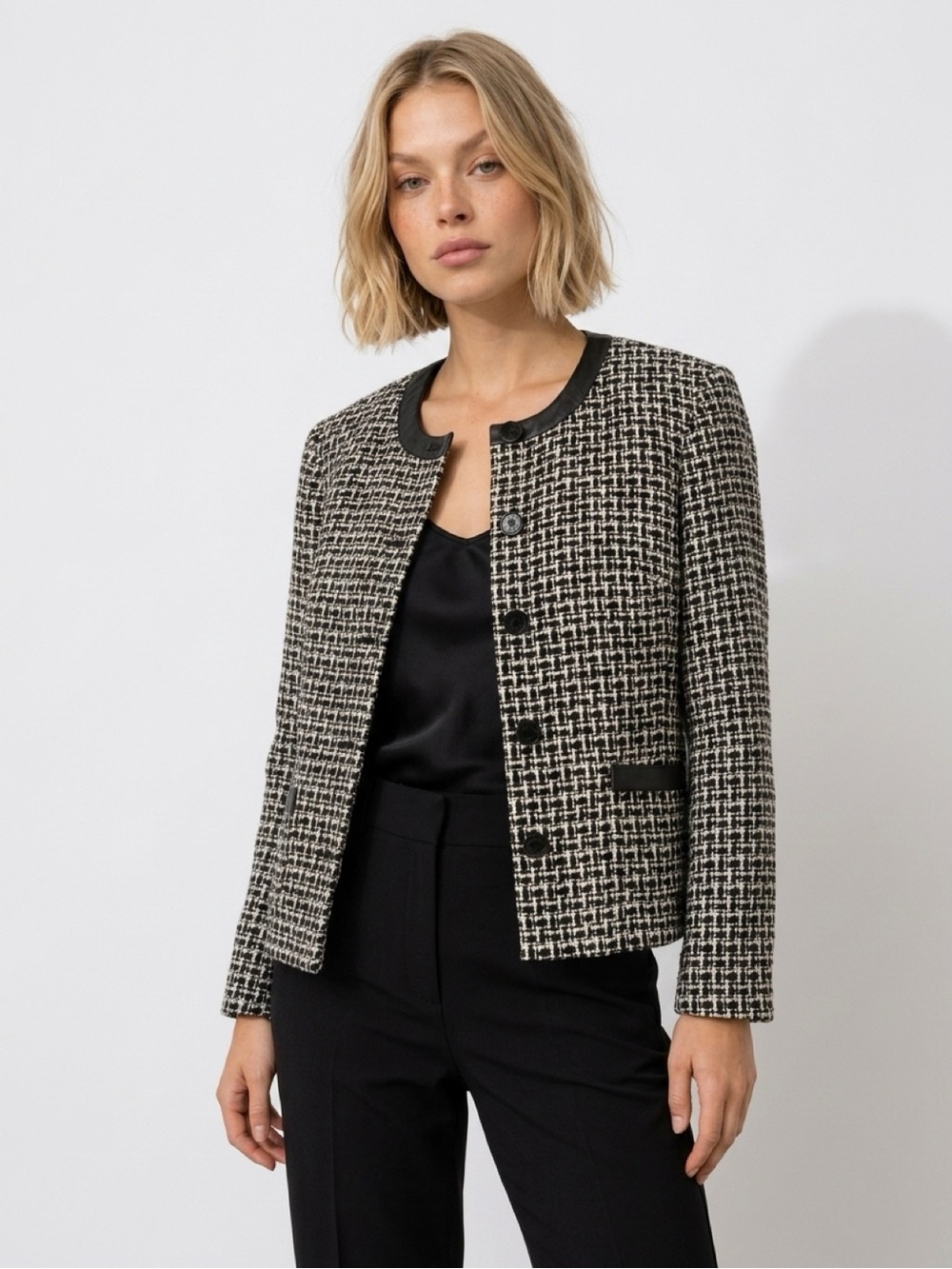 Luxury Pendleton Black & White 95%  silk Tweed Woman’s Suit w/leather trim  12/L